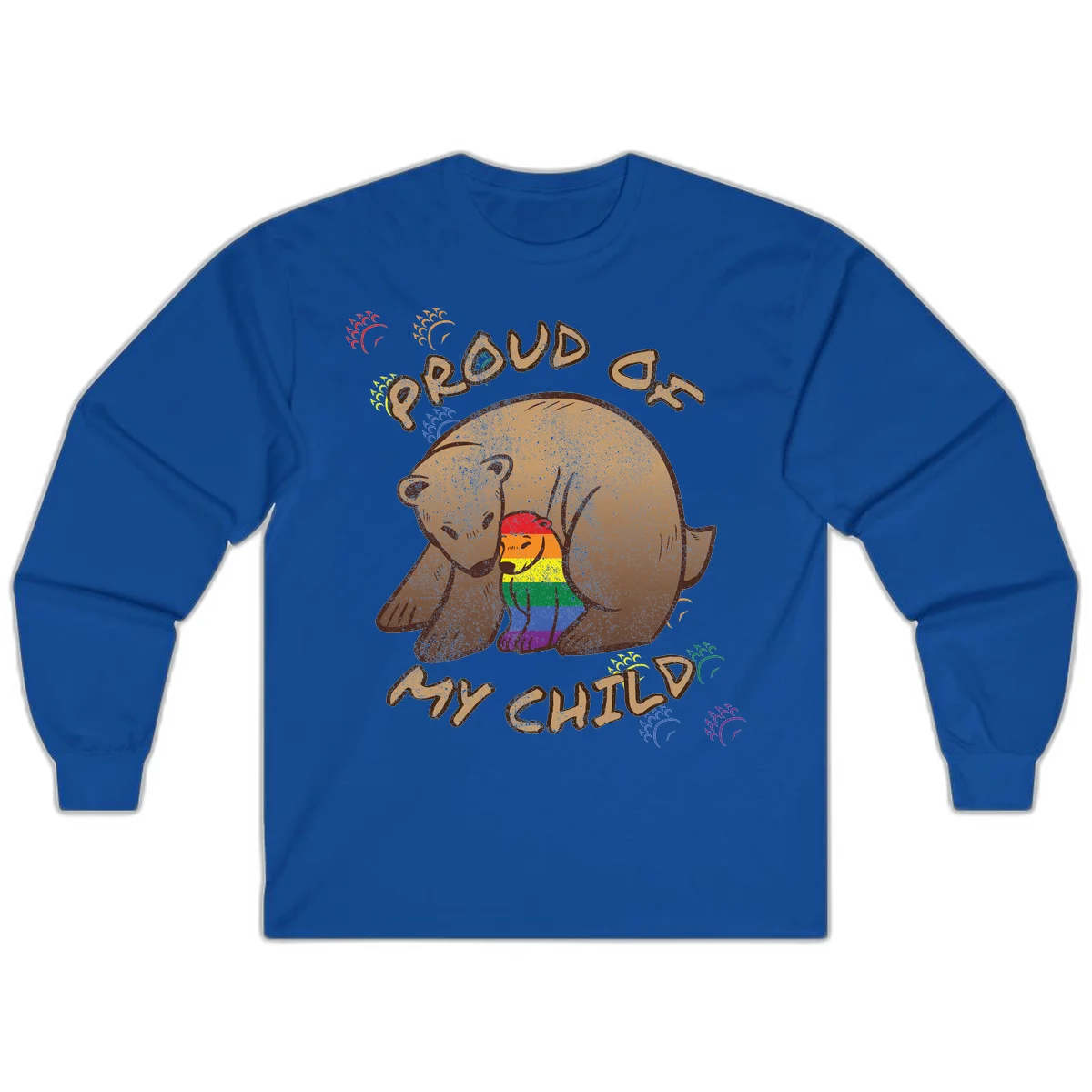 Brown bear proudly displaying rainbow pride colors with 'Proud As Shit' text and decorative bursts in Royal