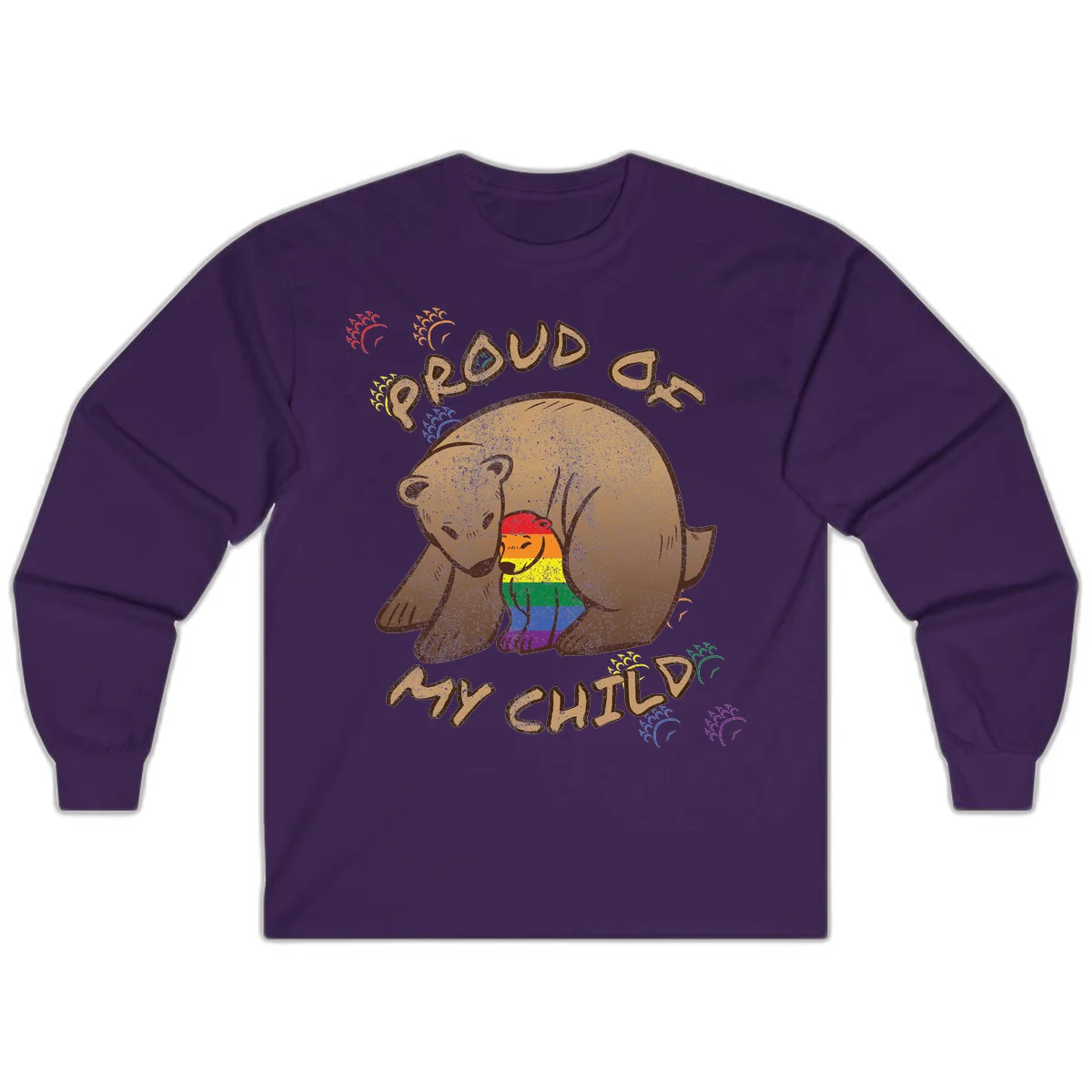 Brown bear proudly displaying rainbow pride colors with 'Proud As Shit' text and decorative bursts in Purple