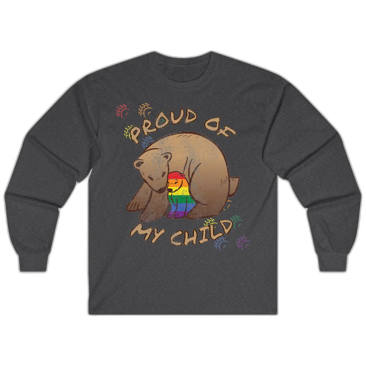 Brown bear proudly displaying rainbow pride colors with 'Proud As Shit' text and decorative bursts in Dark Heather