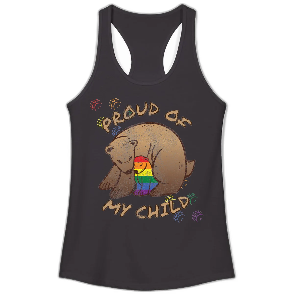 Brown bear proudly displaying rainbow pride colors with 'Proud As Shit' text and decorative bursts in Black