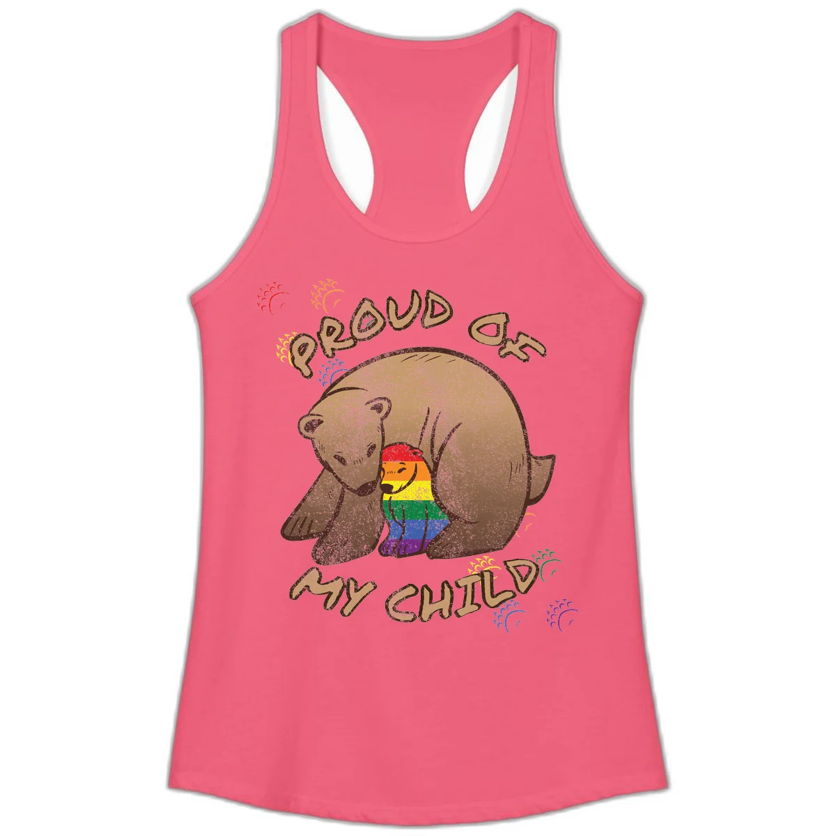 Brown bear proudly displaying rainbow pride colors with 'Proud As Shit' text and decorative bursts in Hot Pink
