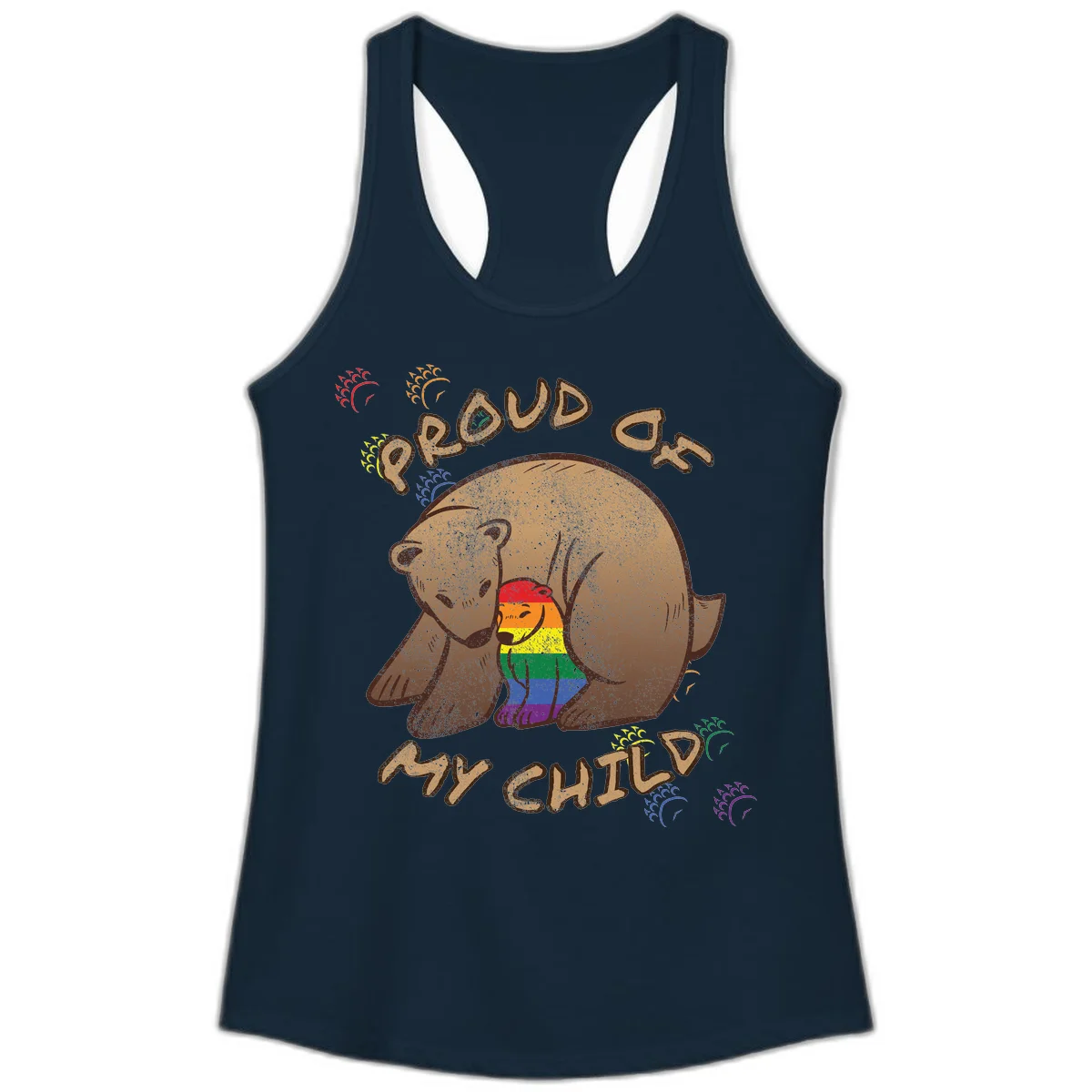 Brown bear proudly displaying rainbow pride colors with 'Proud As Shit' text and decorative bursts in Solid Midnight Navy
