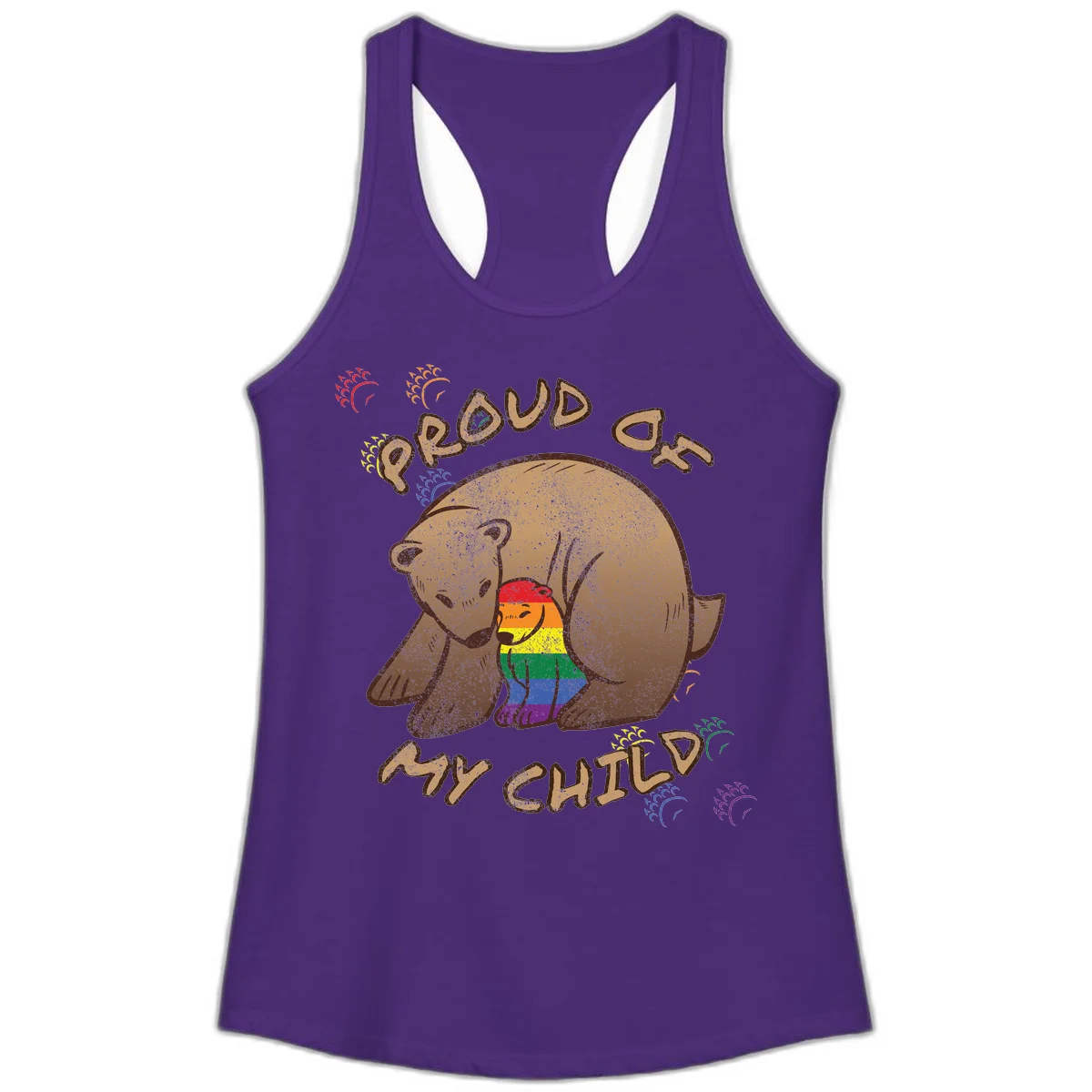 Brown bear proudly displaying rainbow pride colors with 'Proud As Shit' text and decorative bursts in Solid Purple Rush
