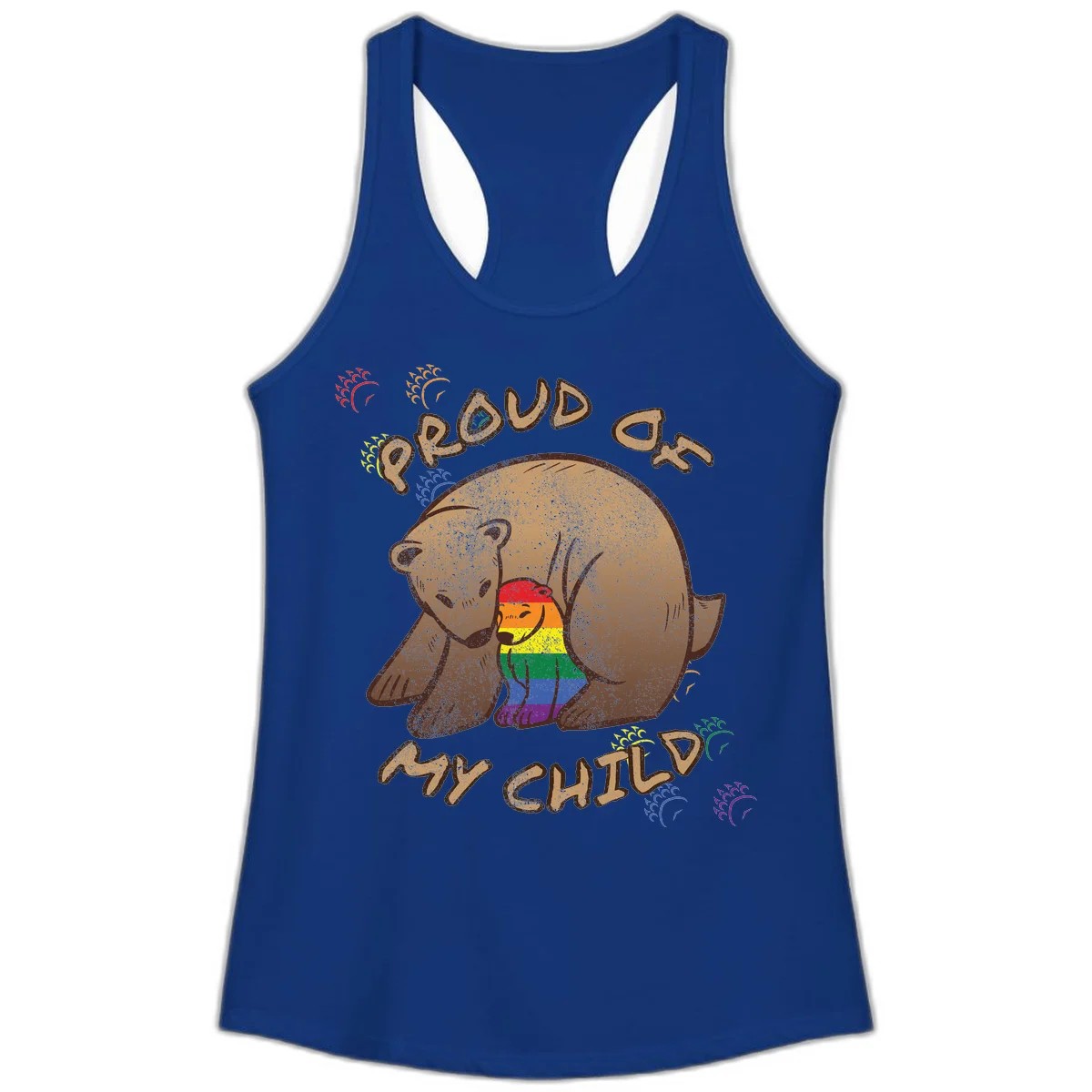 Brown bear proudly displaying rainbow pride colors with 'Proud As Shit' text and decorative bursts in Solid Royal