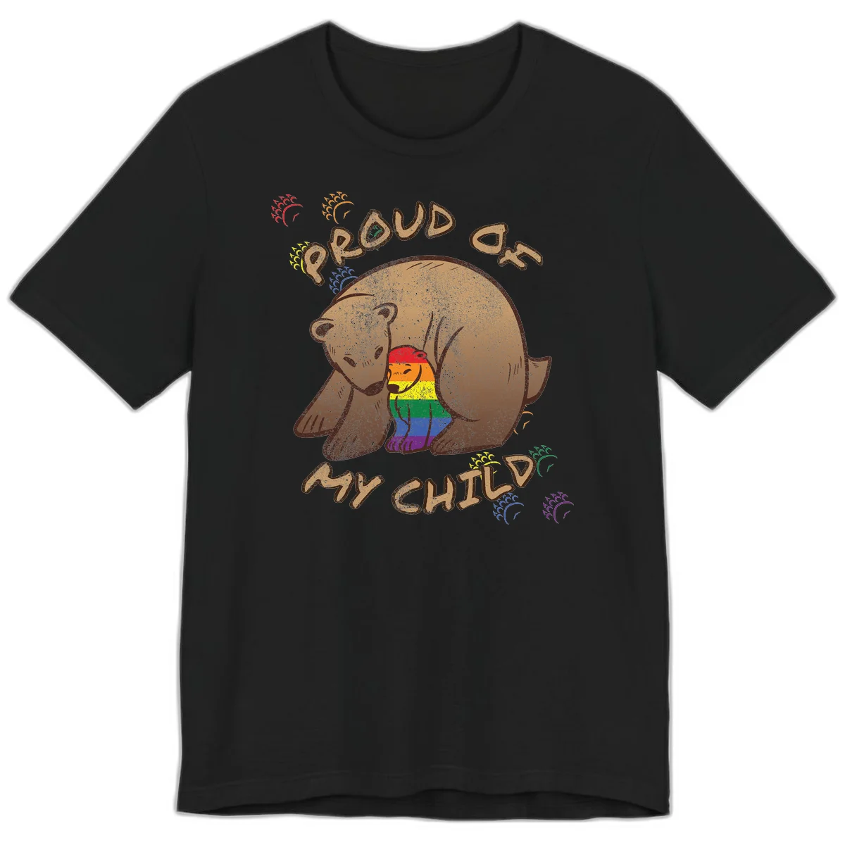 Brown bear proudly displaying rainbow pride colors with 'Proud As Shit' text and decorative bursts in Black
