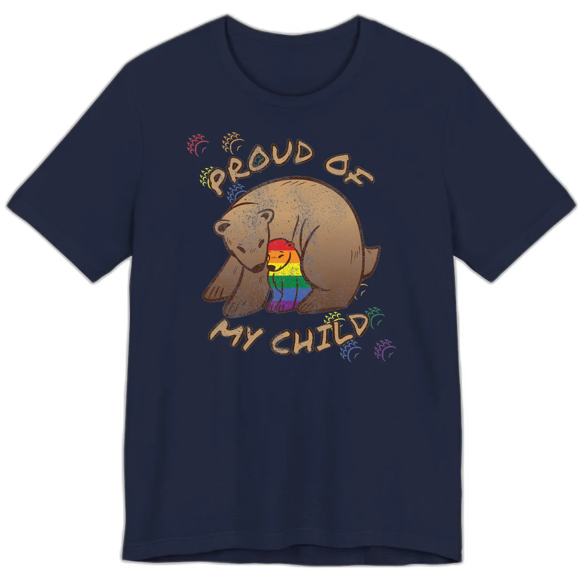 Brown bear proudly displaying rainbow pride colors with 'Proud As Shit' text and decorative bursts in Navy