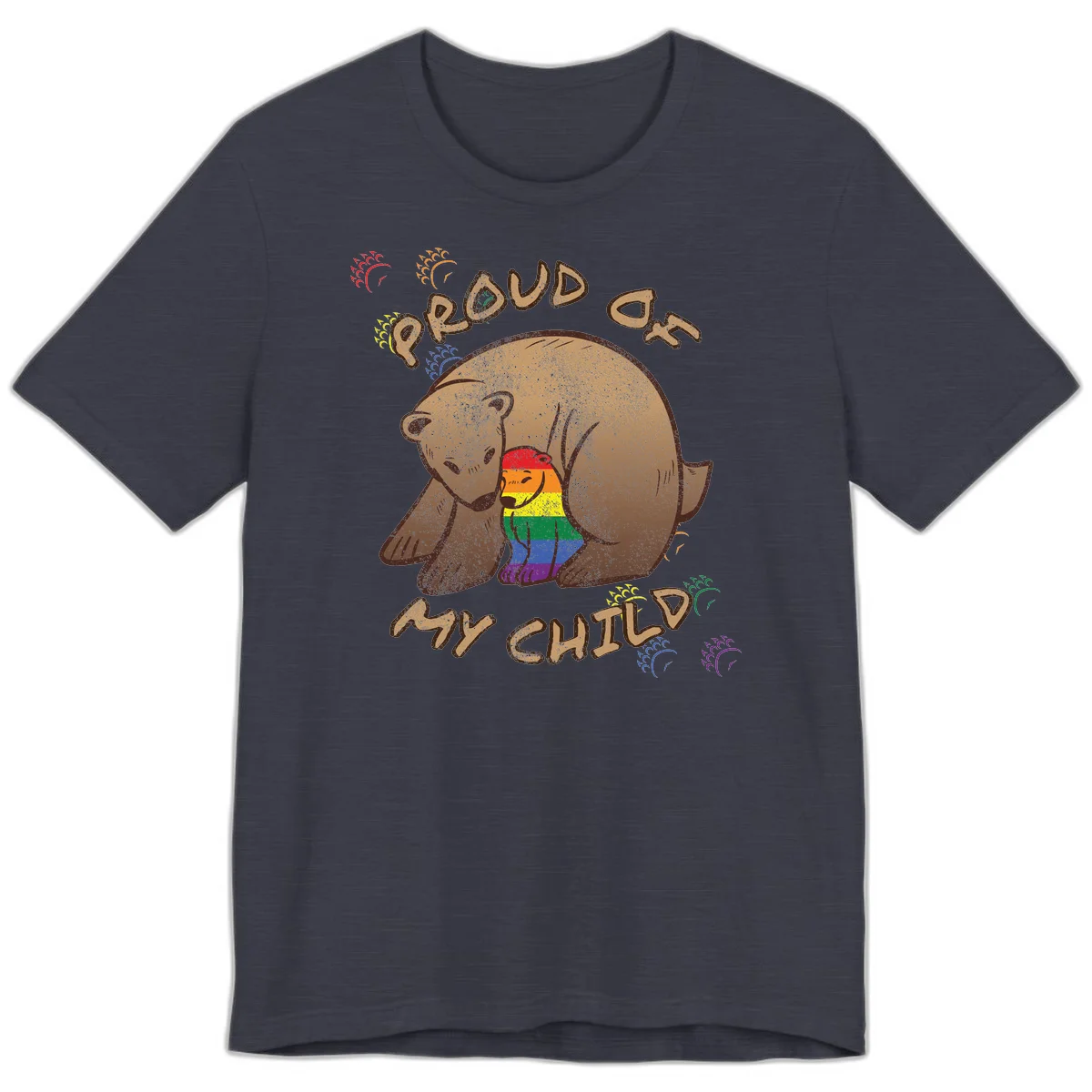 Brown bear proudly displaying rainbow pride colors with 'Proud As Shit' text and decorative bursts in Heather Midnight Navy