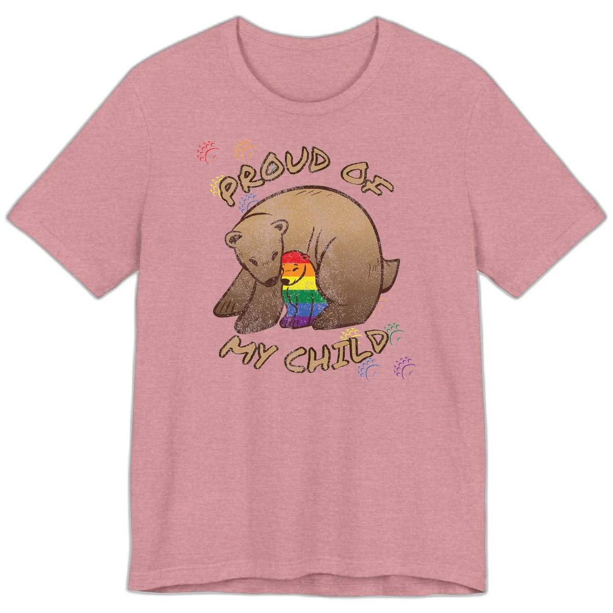 Brown bear proudly displaying rainbow pride colors with 'Proud As Shit' text and decorative bursts in Heather Orchid