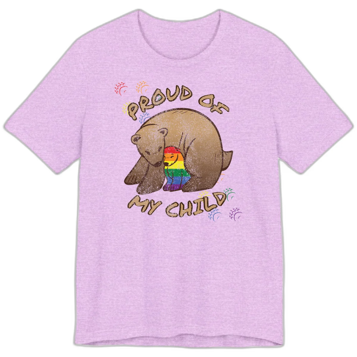 Brown bear proudly displaying rainbow pride colors with 'Proud As Shit' text and decorative bursts in Heather Prism Lilac