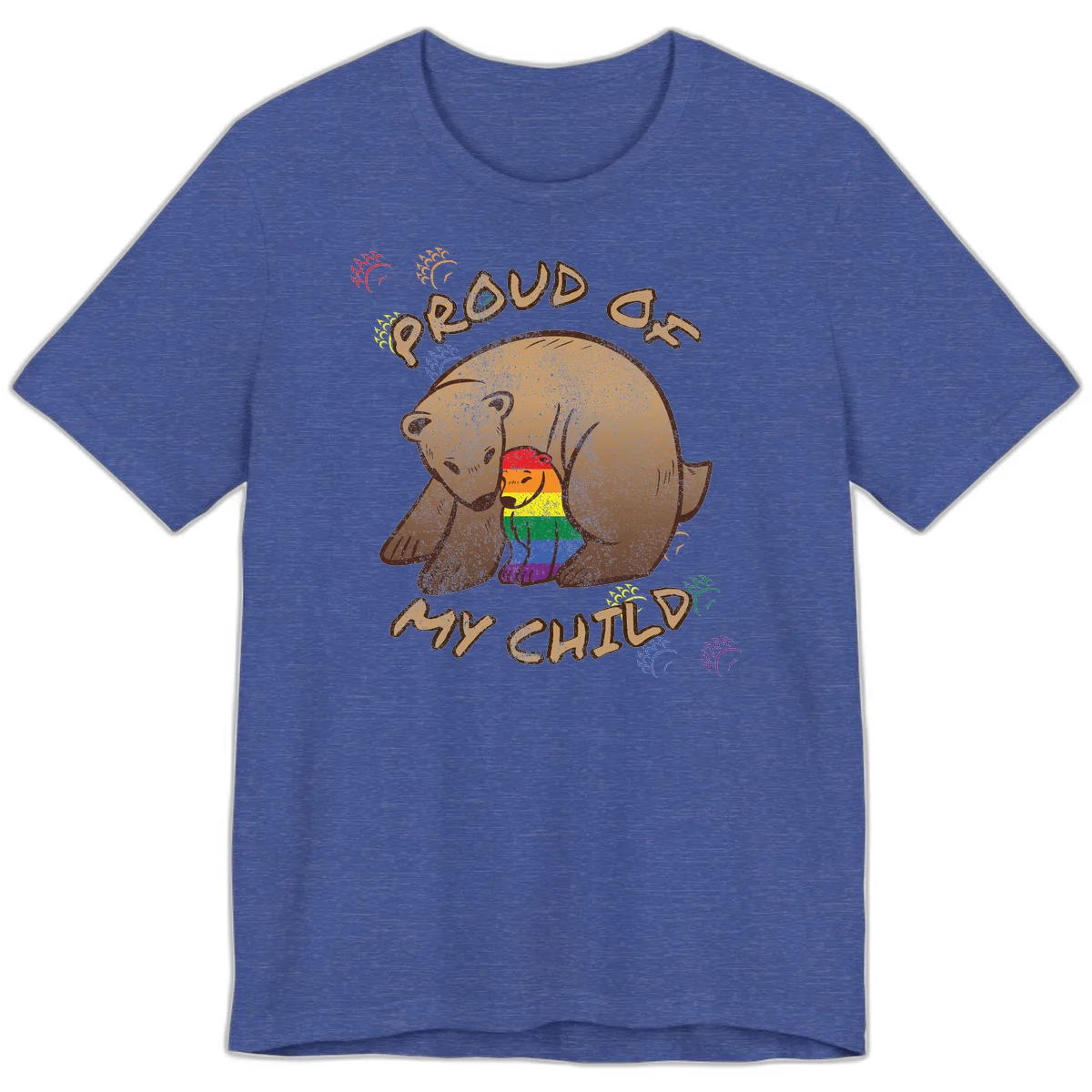 Brown bear proudly displaying rainbow pride colors with 'Proud As Shit' text and decorative bursts in Heather True Royal