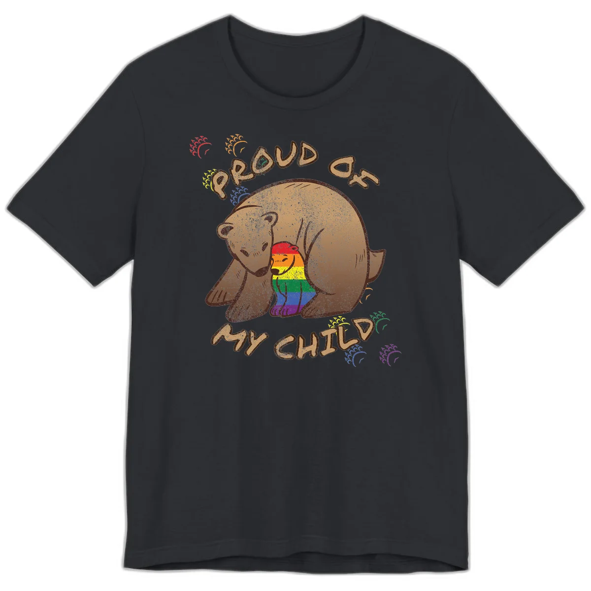 Brown bear proudly displaying rainbow pride colors with 'Proud As Shit' text and decorative bursts in Vintage Black
