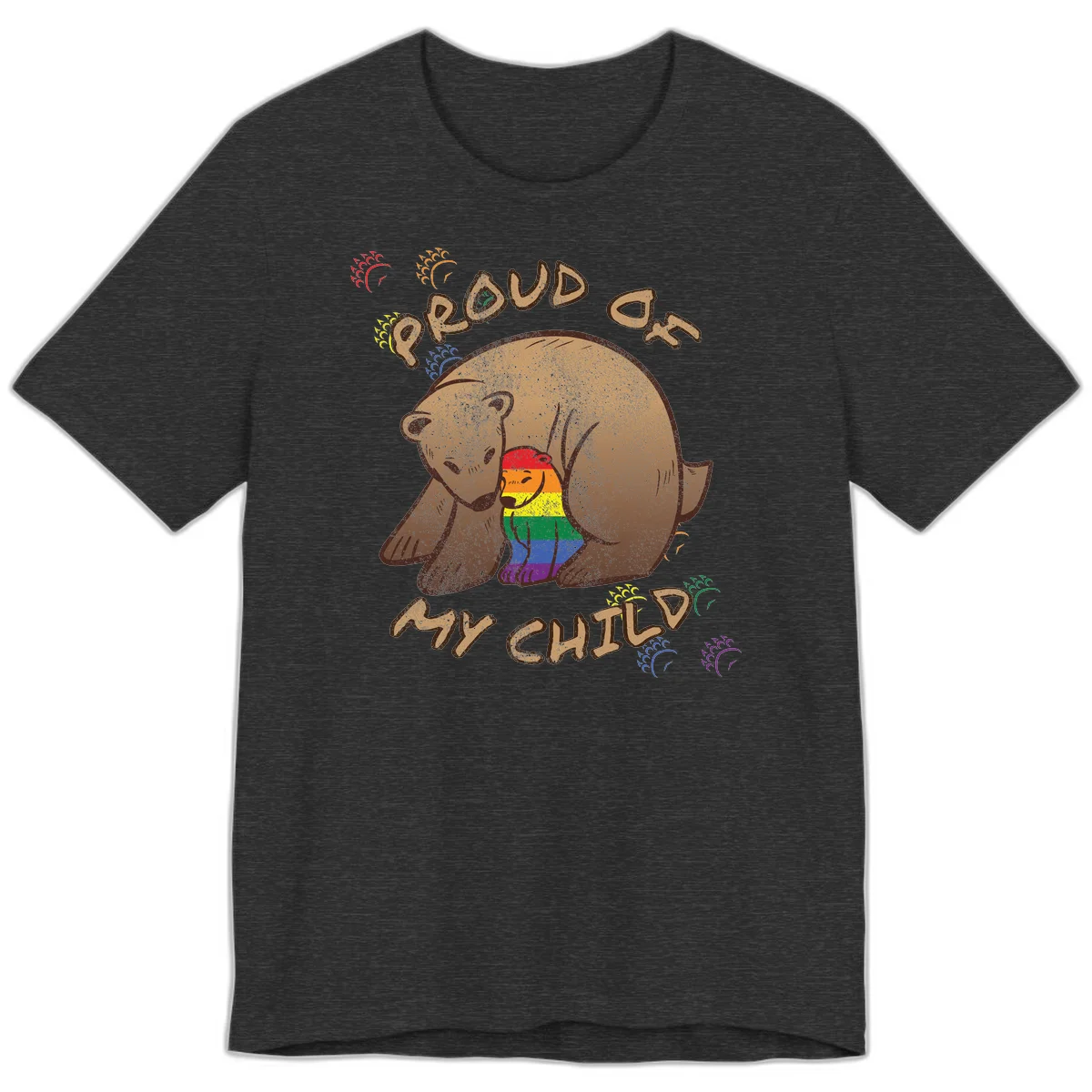 Brown bear proudly displaying rainbow pride colors with 'Proud As Shit' text and decorative bursts in Dark Grey Heather