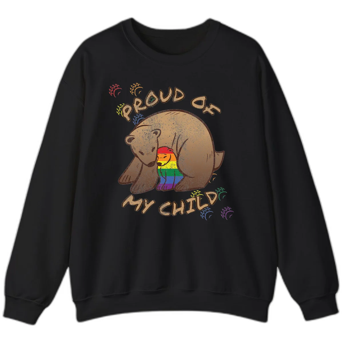Brown bear proudly displaying rainbow pride colors with 'Proud As Shit' text and decorative bursts in Black
