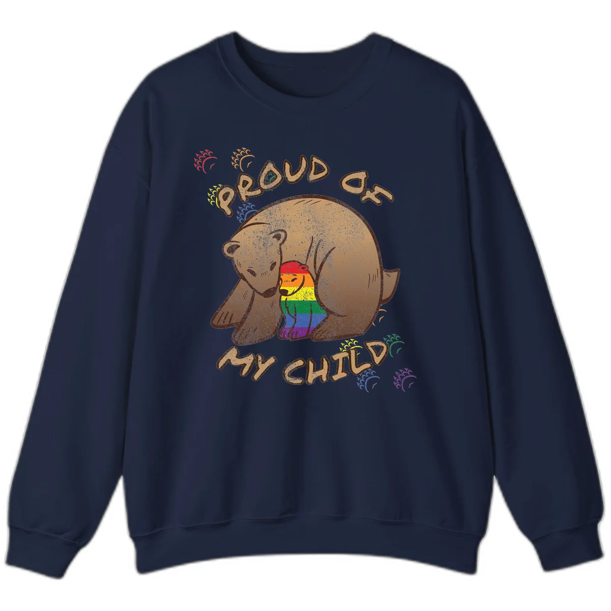 Brown bear proudly displaying rainbow pride colors with 'Proud As Shit' text and decorative bursts in Navy