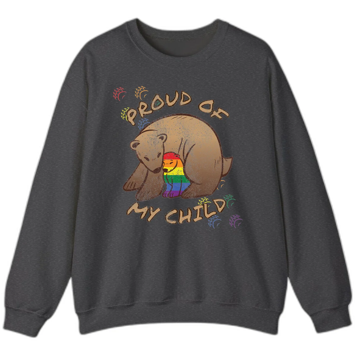 Brown bear proudly displaying rainbow pride colors with 'Proud As Shit' text and decorative bursts in Dark Heather