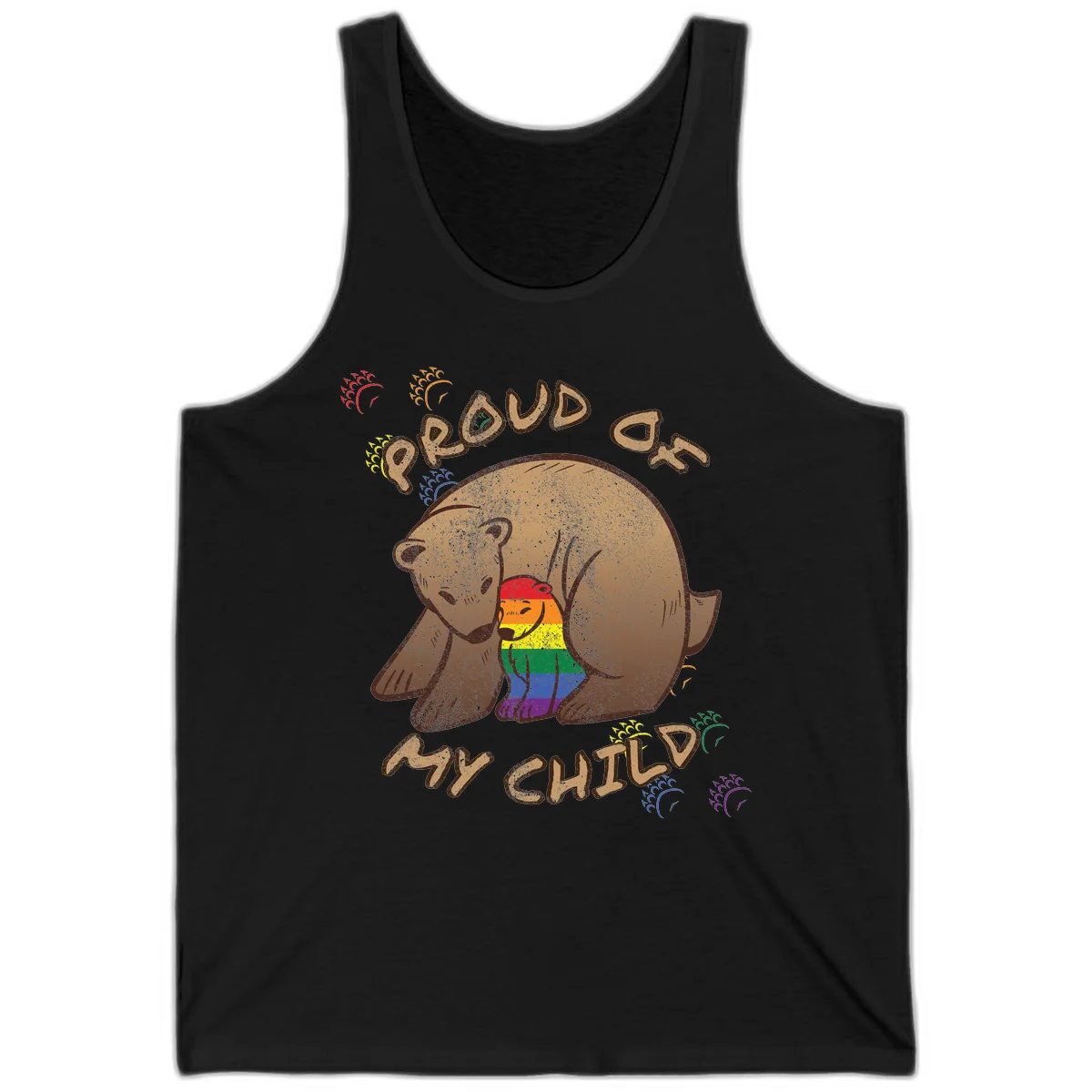 Brown bear proudly displaying rainbow pride colors with 'Proud As Shit' text and decorative bursts in Black