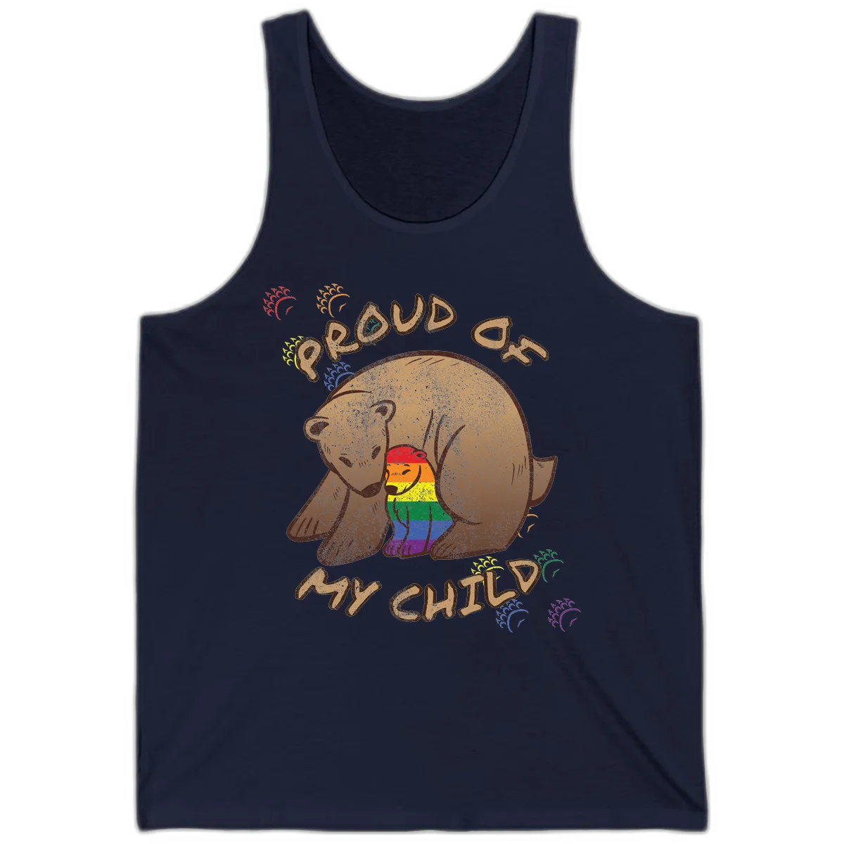 Brown bear proudly displaying rainbow pride colors with 'Proud As Shit' text and decorative bursts in Navy