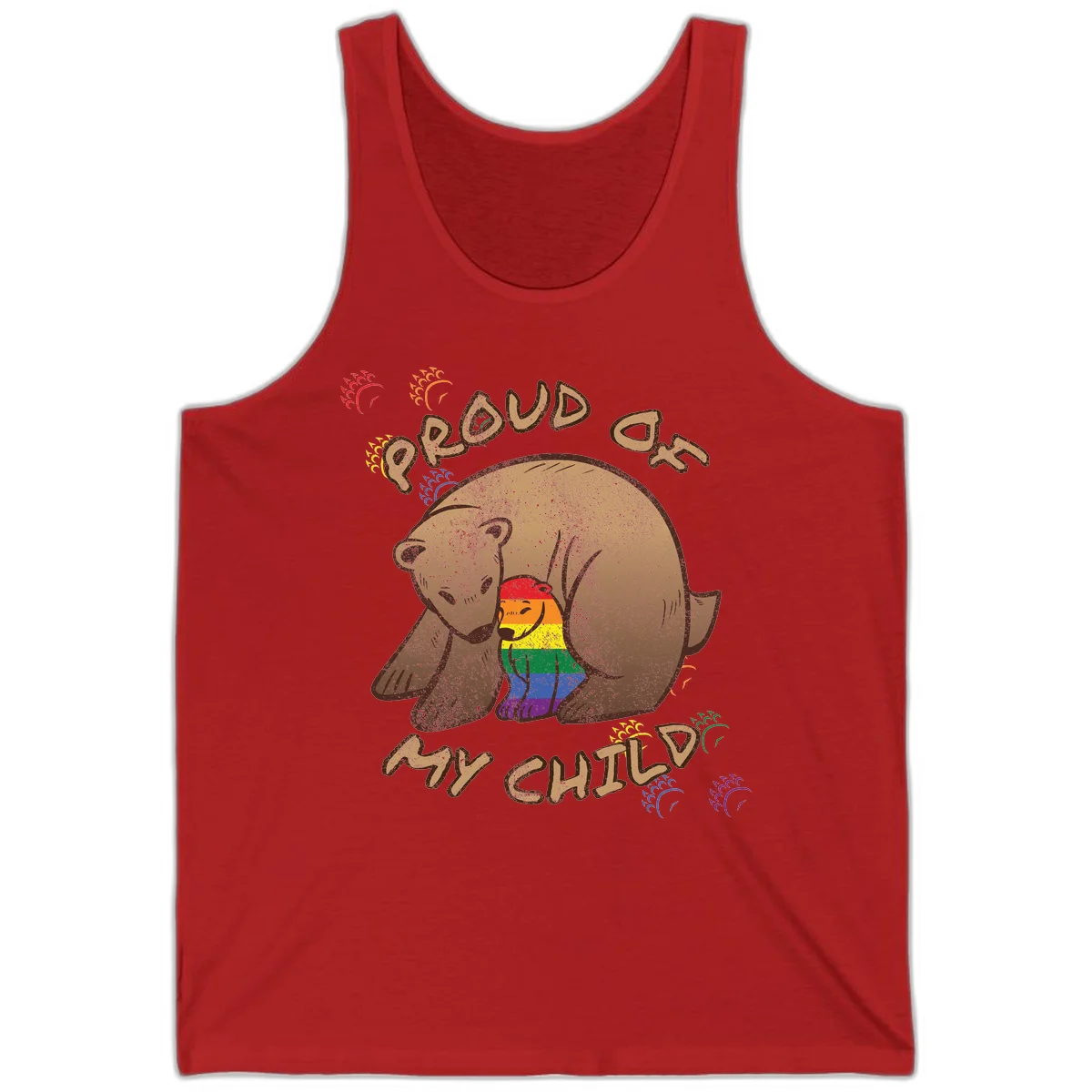 Brown bear proudly displaying rainbow pride colors with 'Proud As Shit' text and decorative bursts in Red