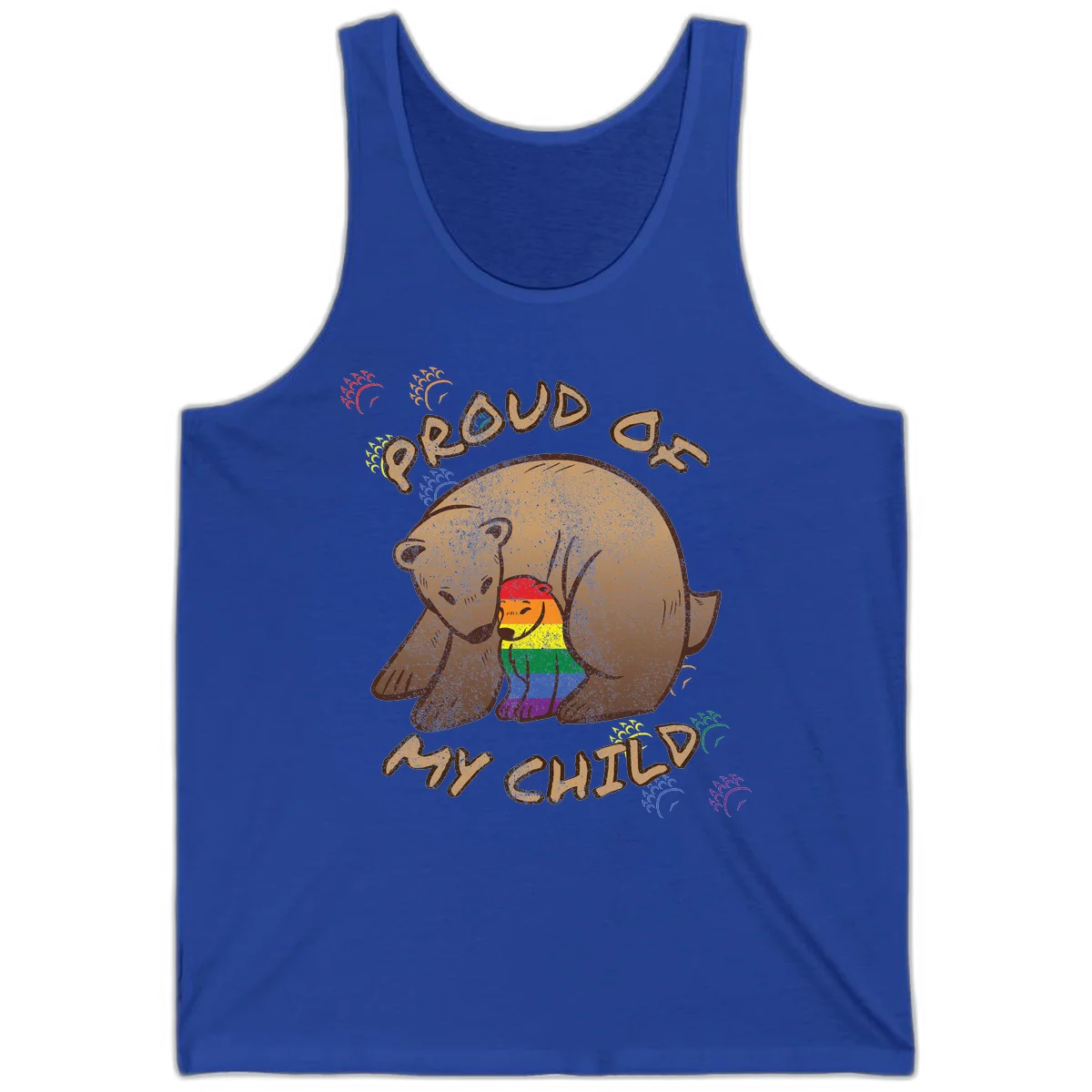 Brown bear proudly displaying rainbow pride colors with 'Proud As Shit' text and decorative bursts in True Royal
