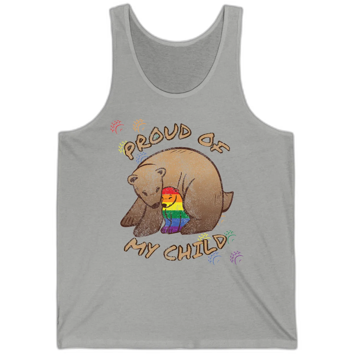 Brown bear proudly displaying rainbow pride colors with 'Proud As Shit' text and decorative bursts in Athletic Heather
