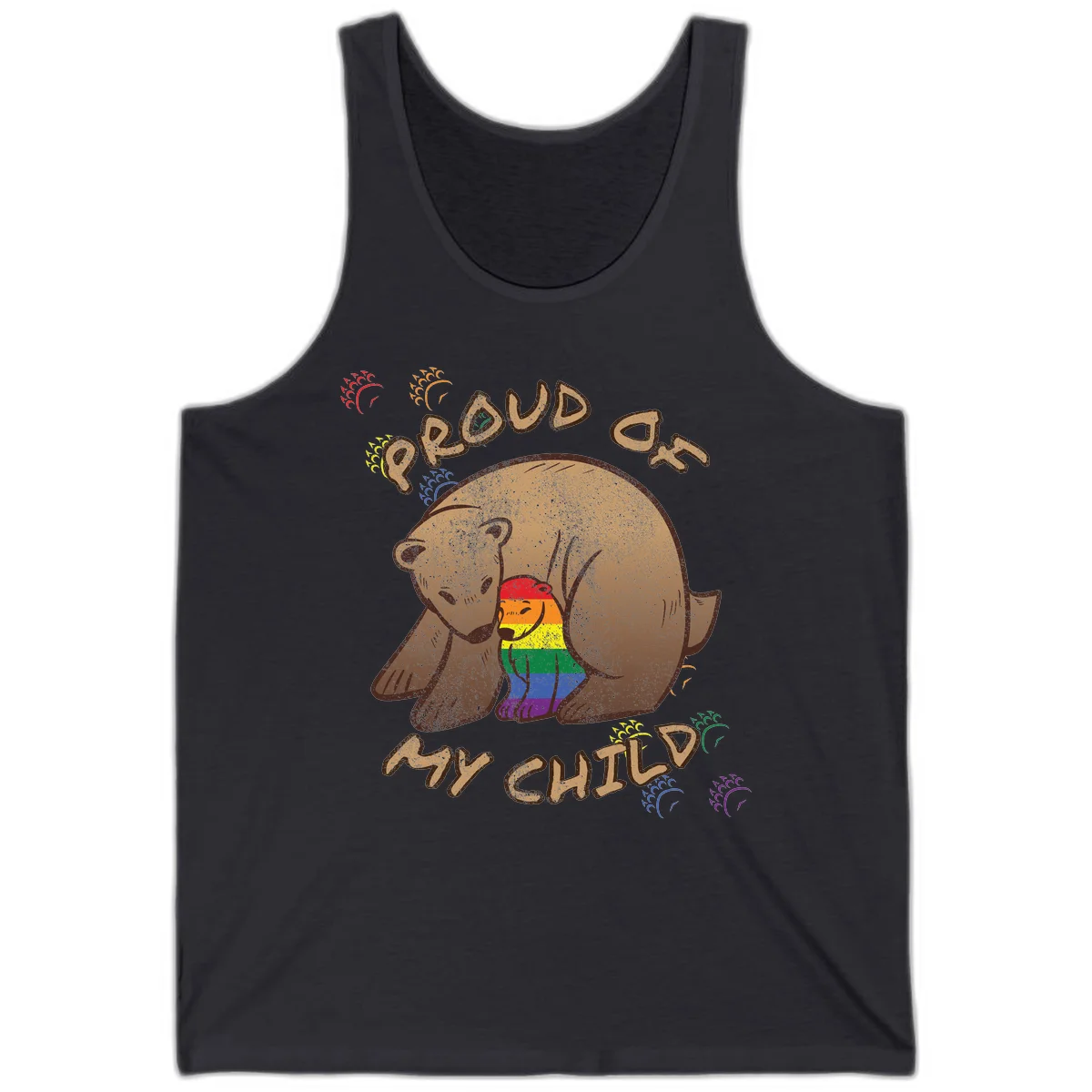 Brown bear proudly displaying rainbow pride colors with 'Proud As Shit' text and decorative bursts in Dark Grey