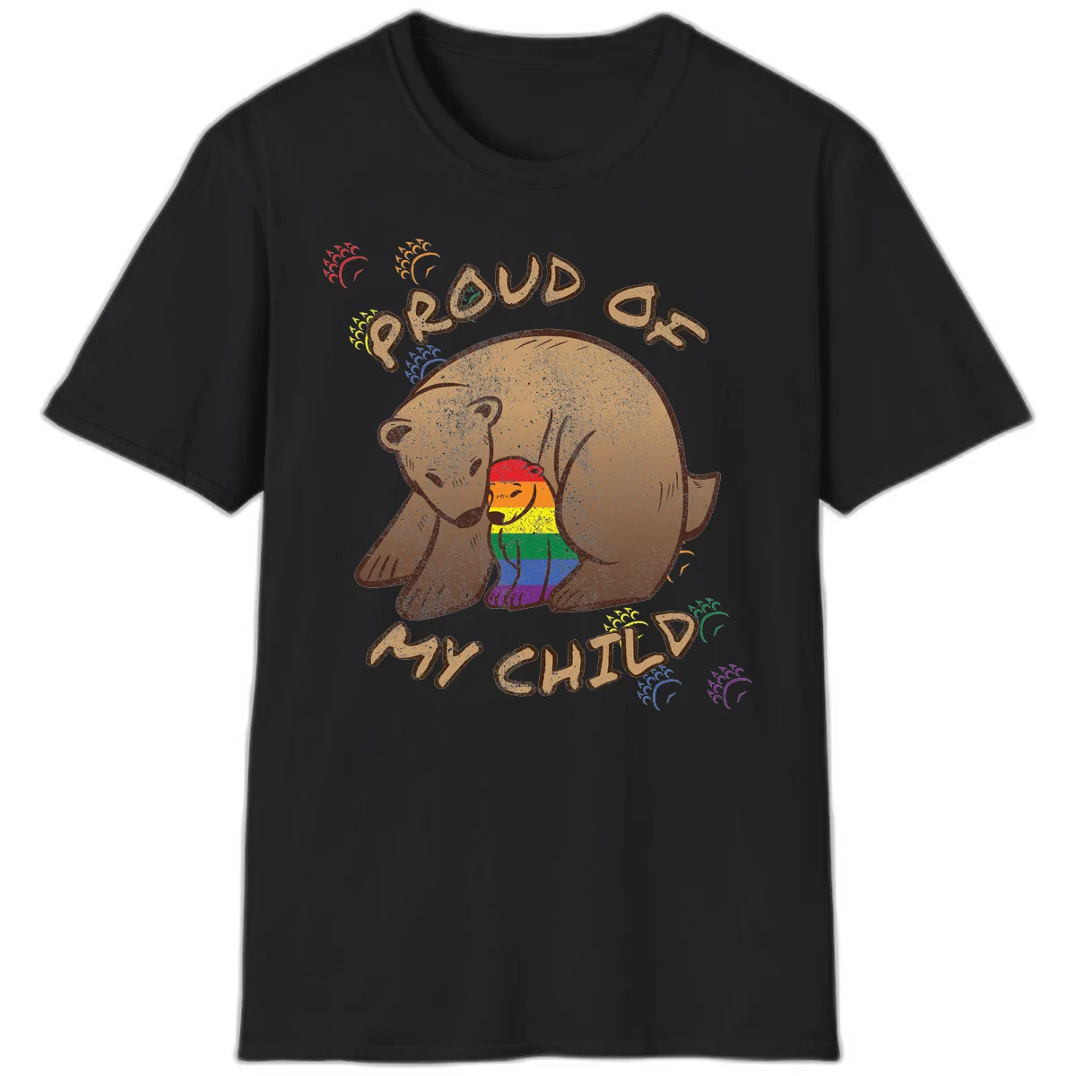 Brown bear proudly displaying rainbow pride colors with 'Proud As Shit' text and decorative bursts in Black