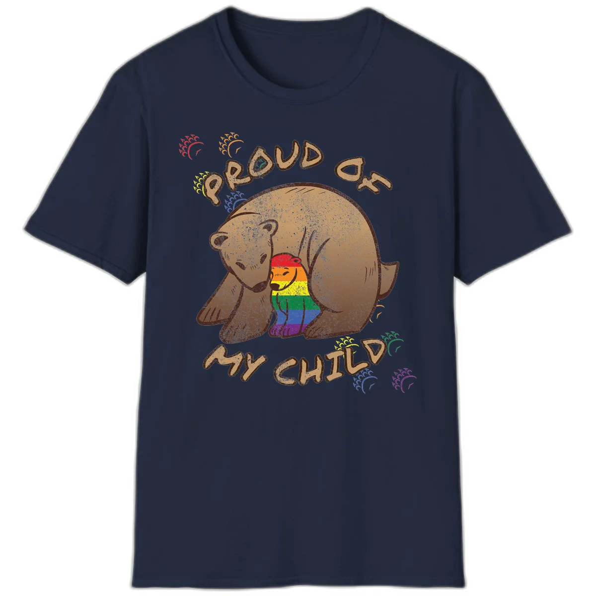 Brown bear proudly displaying rainbow pride colors with 'Proud As Shit' text and decorative bursts in Navy