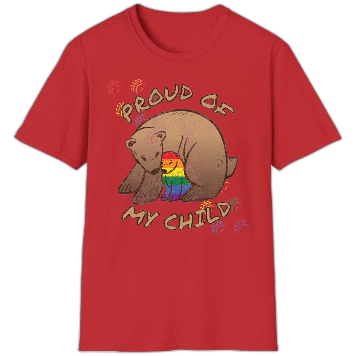 Brown bear proudly displaying rainbow pride colors with 'Proud As Shit' text and decorative bursts in Red