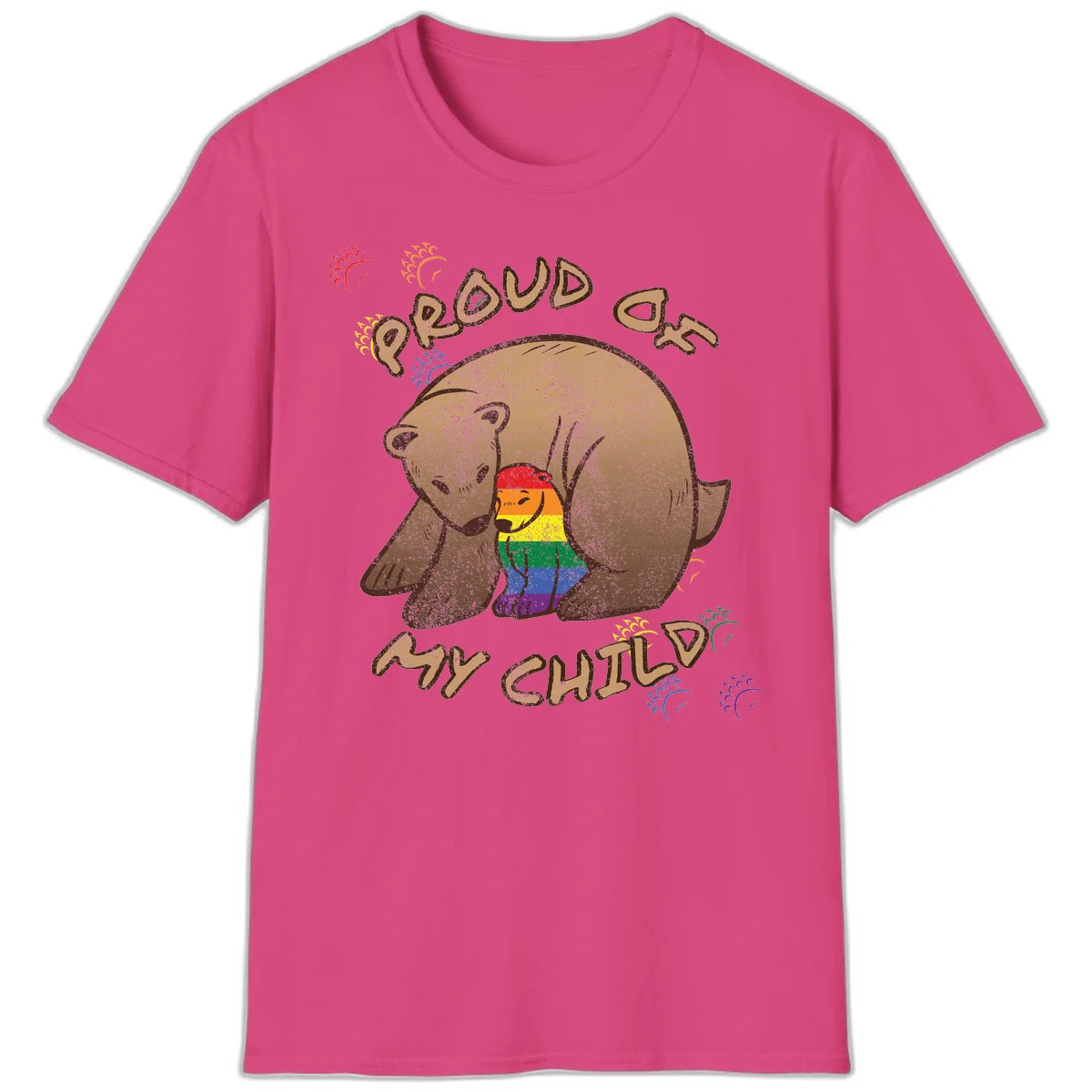 Brown bear proudly displaying rainbow pride colors with 'Proud As Shit' text and decorative bursts in Heliconia