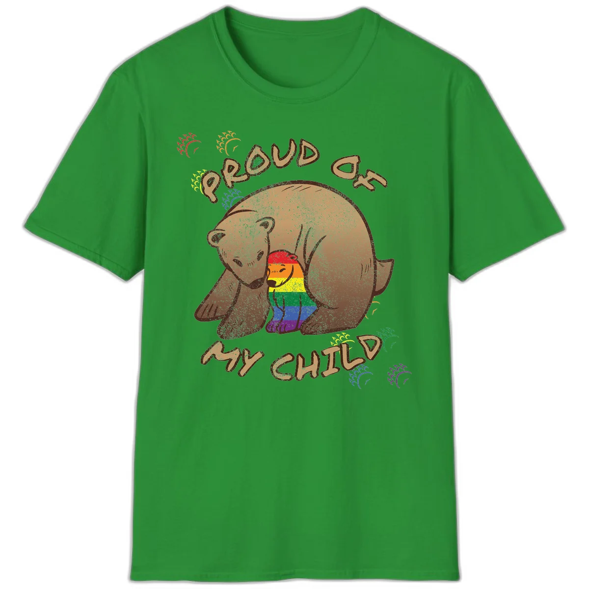 Brown bear proudly displaying rainbow pride colors with 'Proud As Shit' text and decorative bursts in Irish Green