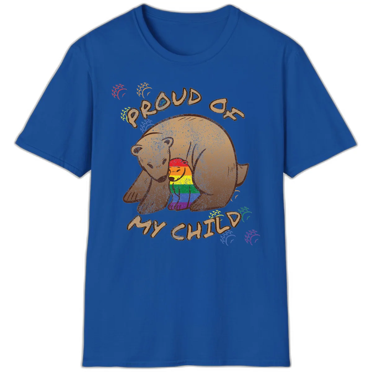 Brown bear proudly displaying rainbow pride colors with 'Proud As Shit' text and decorative bursts in Royal