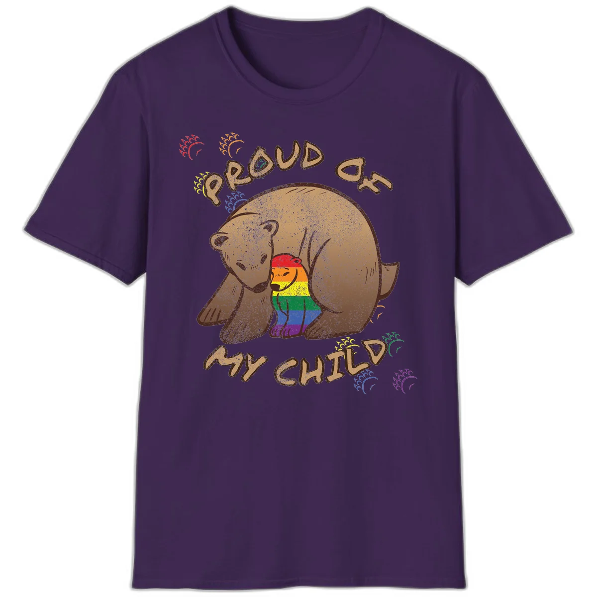 Brown bear proudly displaying rainbow pride colors with 'Proud As Shit' text and decorative bursts in Purple