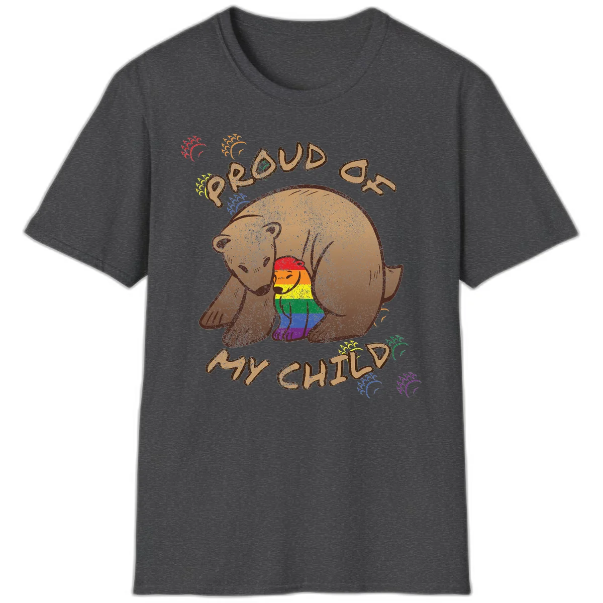 Brown bear proudly displaying rainbow pride colors with 'Proud As Shit' text and decorative bursts in Dark Heather