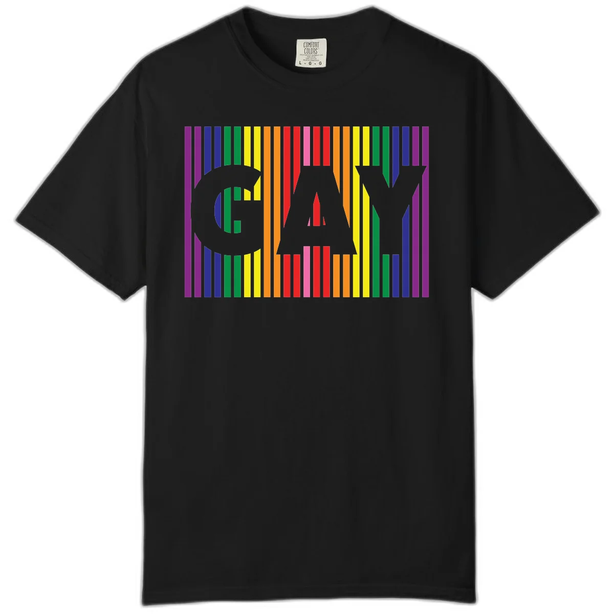 Rainbow pride cat silhouette with colorful vertical stripes in pride flag colors on gray background in Black