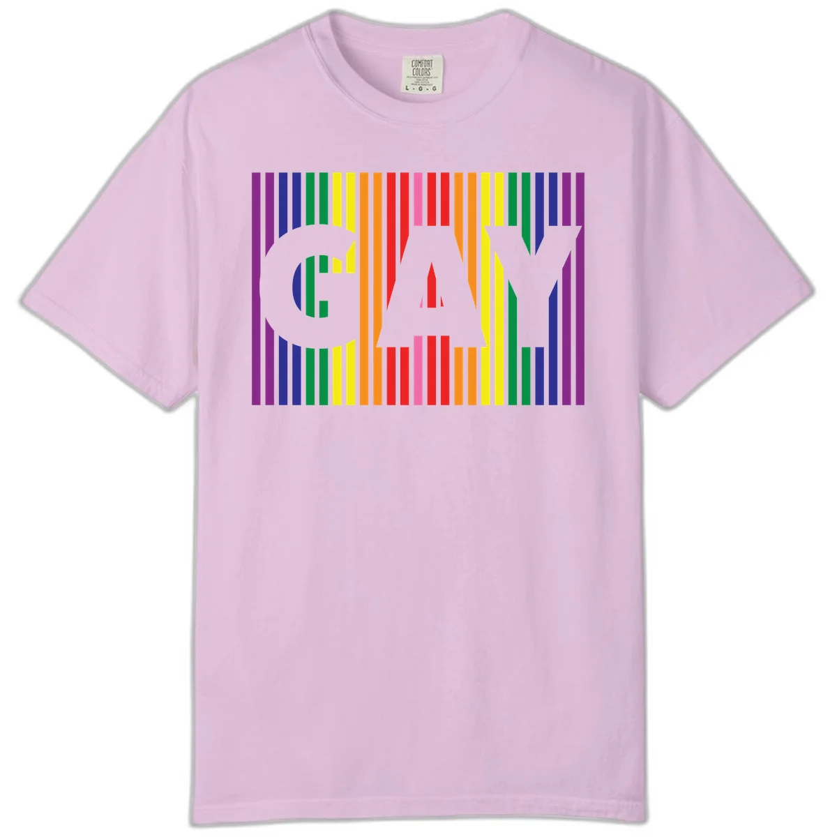 Rainbow pride cat silhouette with colorful vertical stripes in pride flag colors on gray background in Orchid