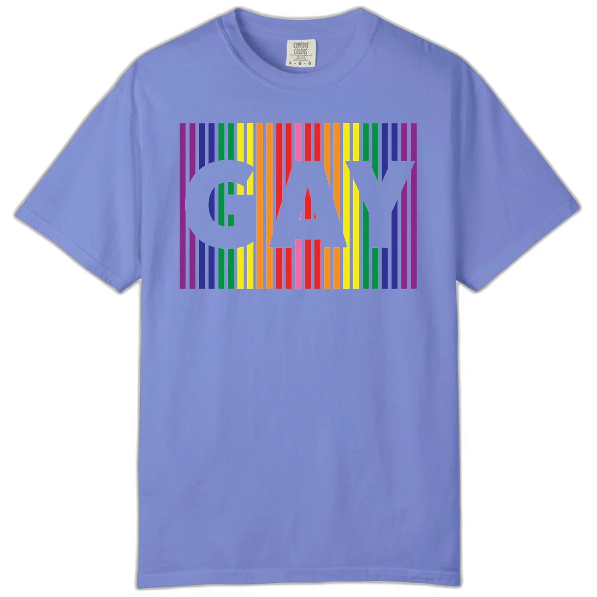 Rainbow pride cat silhouette with colorful vertical stripes in pride flag colors on gray background in Flo Blue