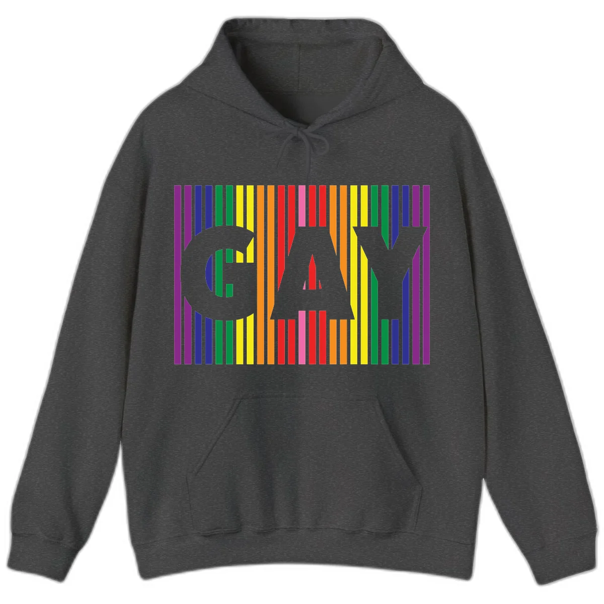 Rainbow pride cat silhouette with colorful vertical stripes in pride flag colors on gray background in Dark Heather