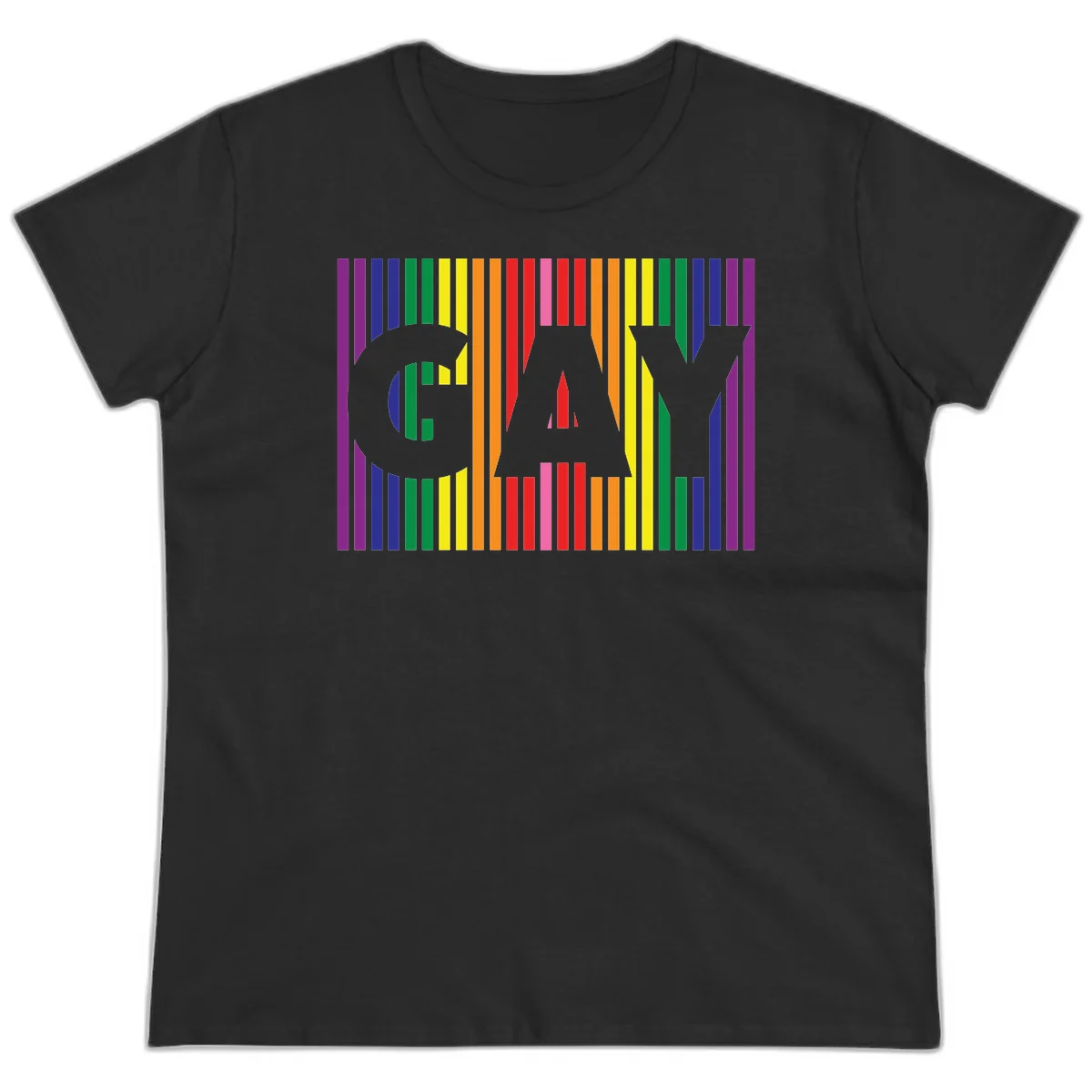 Rainbow pride cat silhouette with colorful vertical stripes in pride flag colors on gray background in Black