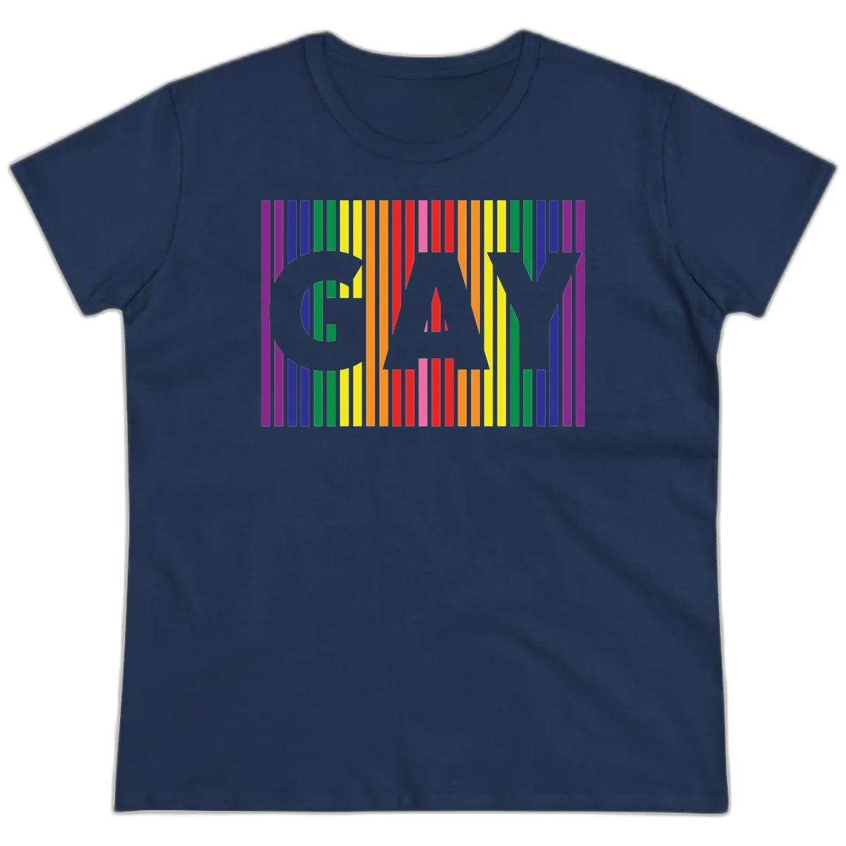 Rainbow pride cat silhouette with colorful vertical stripes in pride flag colors on gray background in Navy