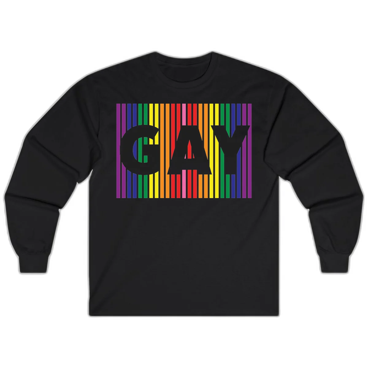 Rainbow pride cat silhouette with colorful vertical stripes in pride flag colors on gray background in Black