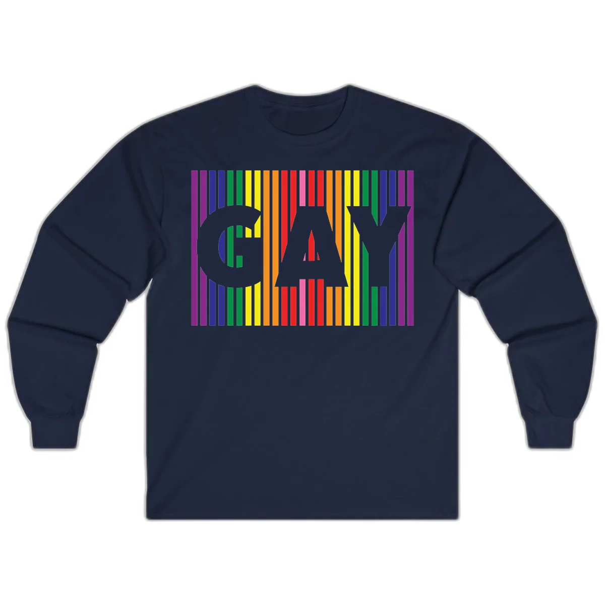 Rainbow pride cat silhouette with colorful vertical stripes in pride flag colors on gray background in Navy
