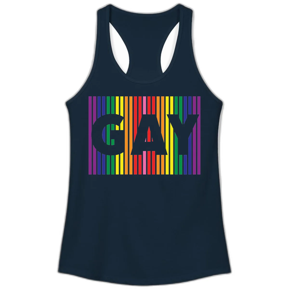 Rainbow pride cat silhouette with colorful vertical stripes in pride flag colors on gray background in Solid Midnight Navy
