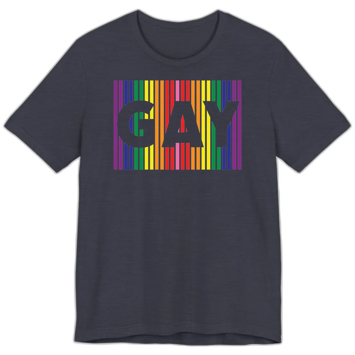 Rainbow pride cat silhouette with colorful vertical stripes in pride flag colors on gray background in Heather Midnight Navy