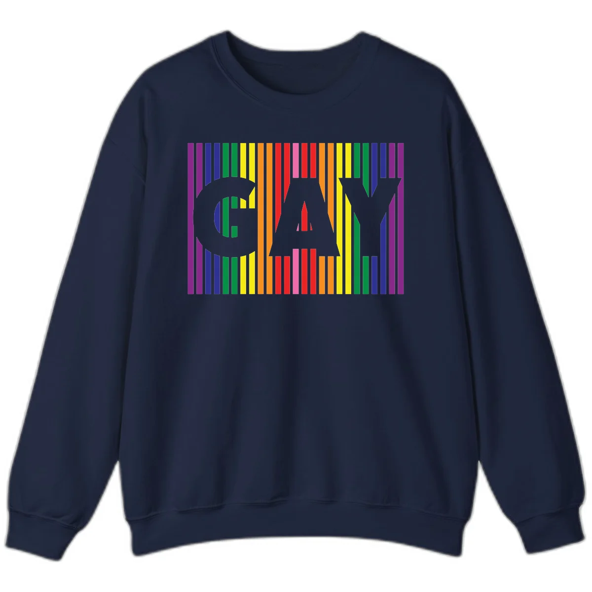 Rainbow pride cat silhouette with colorful vertical stripes in pride flag colors on gray background in Navy