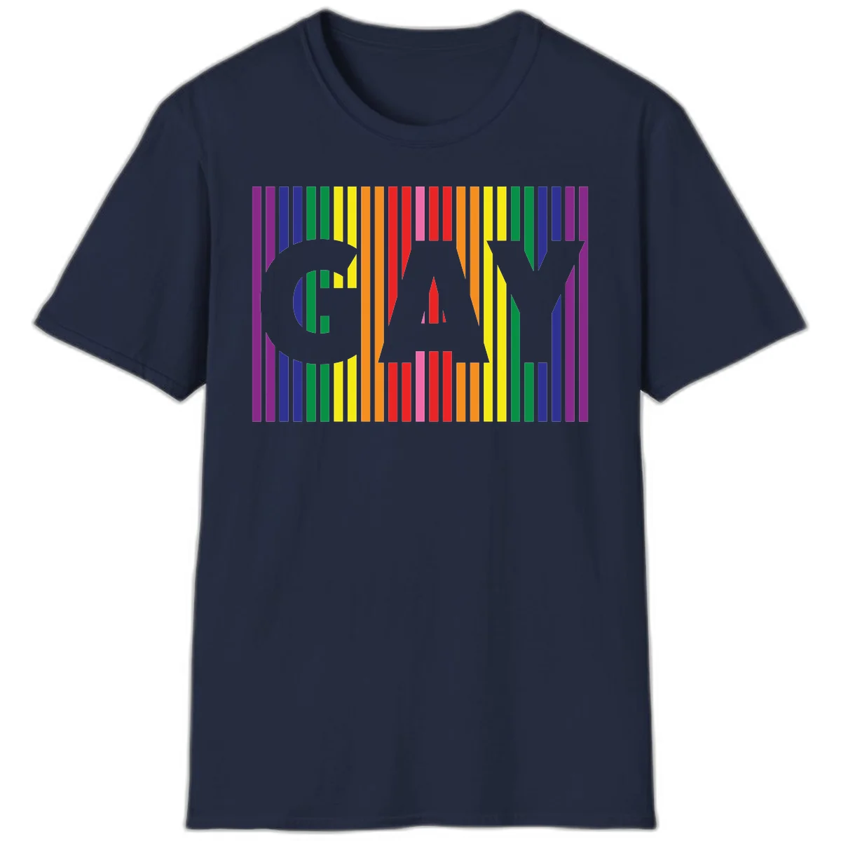 Rainbow pride cat silhouette with colorful vertical stripes in pride flag colors on gray background in Navy