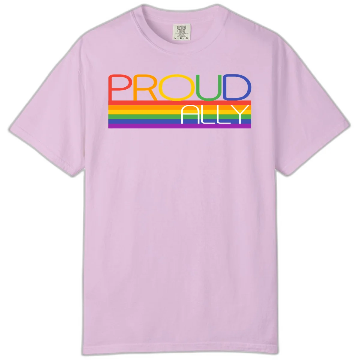 Proud Ally rainbow pride design with multicolored letters and horizontal pride flag stripes in red, orange, yellow, green, blue, and purple in Orchid