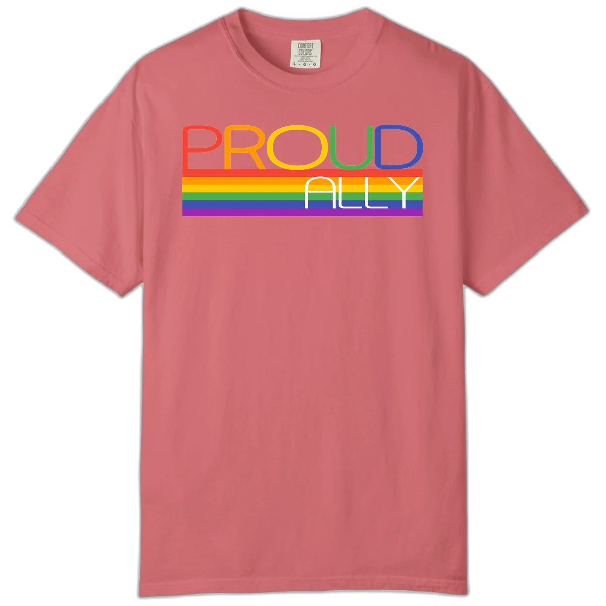 Proud Ally rainbow pride design with multicolored letters and horizontal pride flag stripes in red, orange, yellow, green, blue, and purple in Watermelon