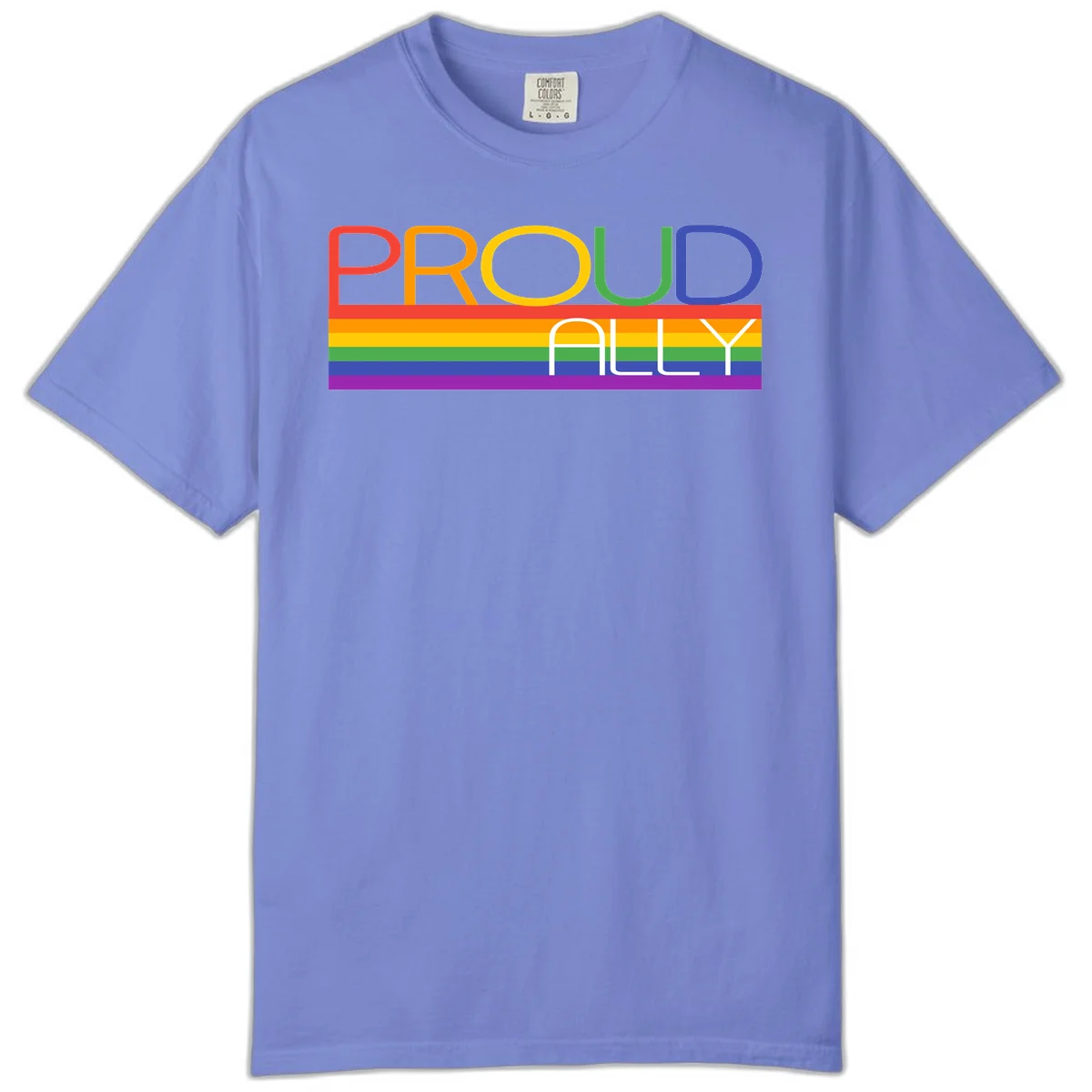 Proud Ally rainbow pride design with multicolored letters and horizontal pride flag stripes in red, orange, yellow, green, blue, and purple in Flo Blue