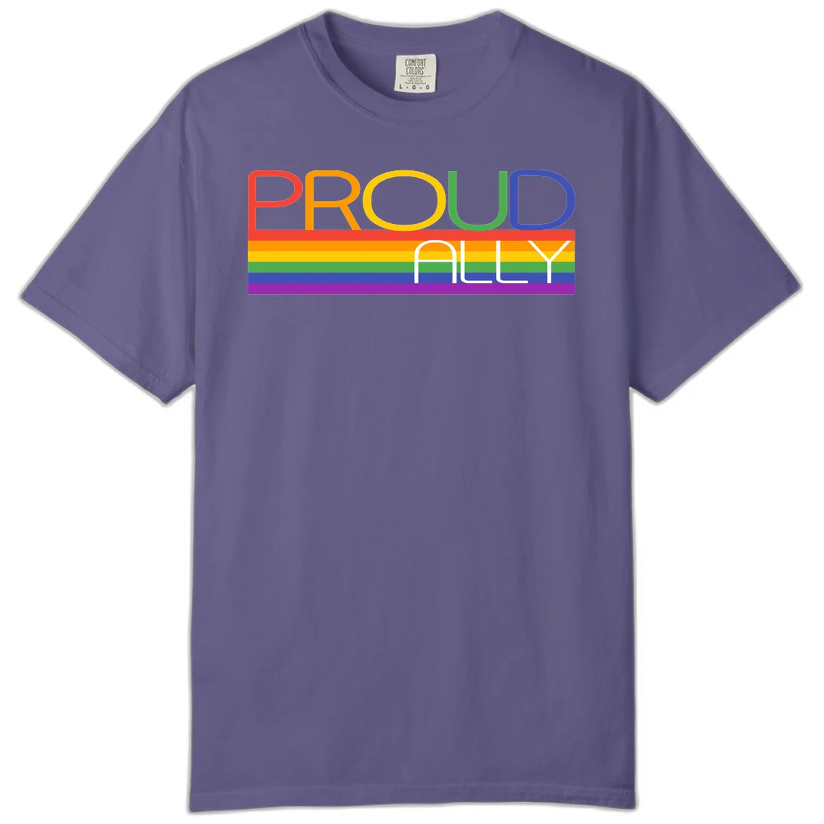 Proud Ally rainbow pride design with multicolored letters and horizontal pride flag stripes in red, orange, yellow, green, blue, and purple in Grape
