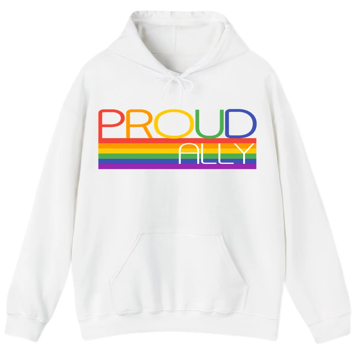 Proud Ally rainbow pride design with multicolored letters and horizontal pride flag stripes in red, orange, yellow, green, blue, and purple in White